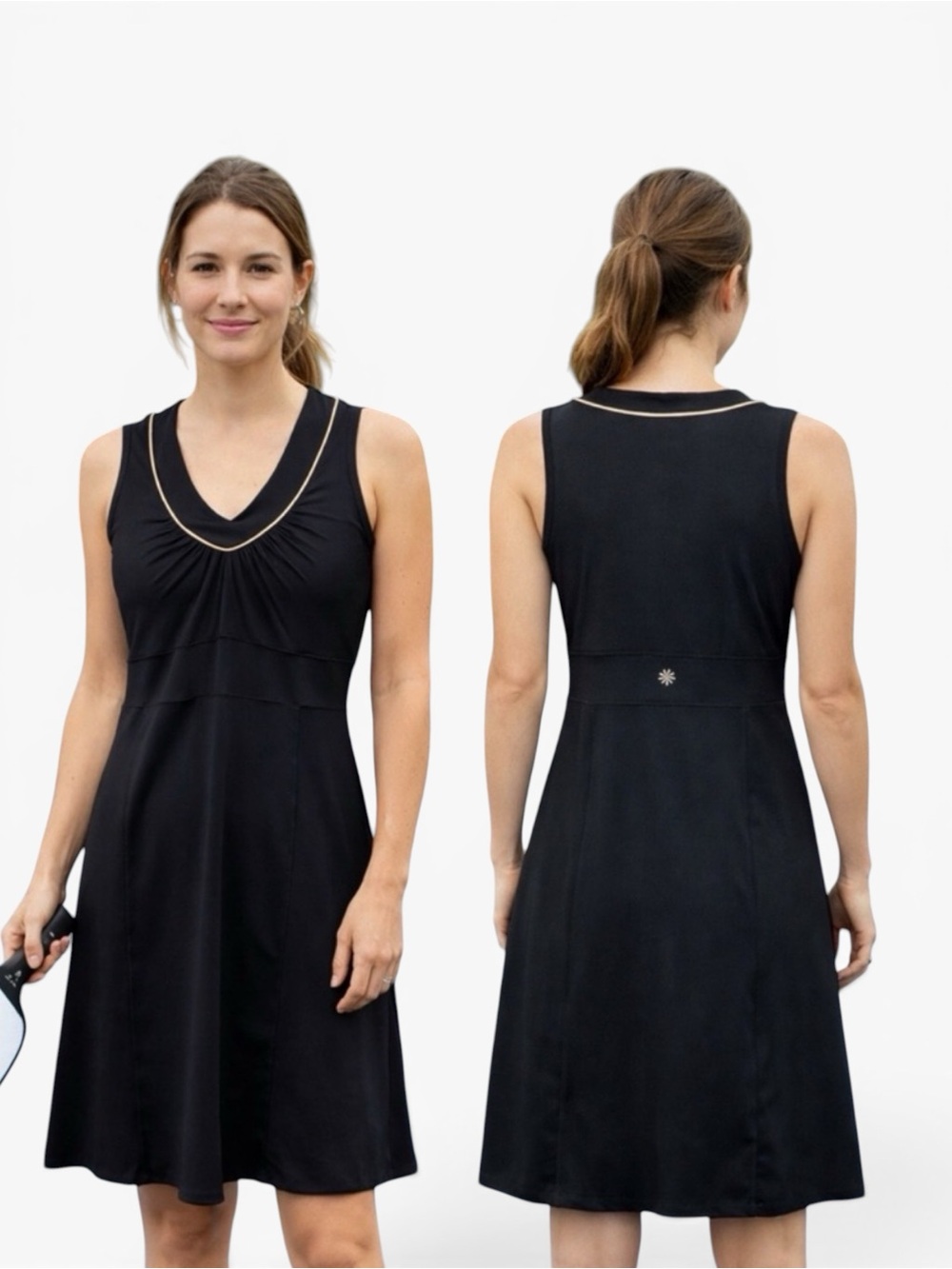 Athleta Black V-neck A-Line Athletic Pickleball Tennis Athleisure Sports Dress M